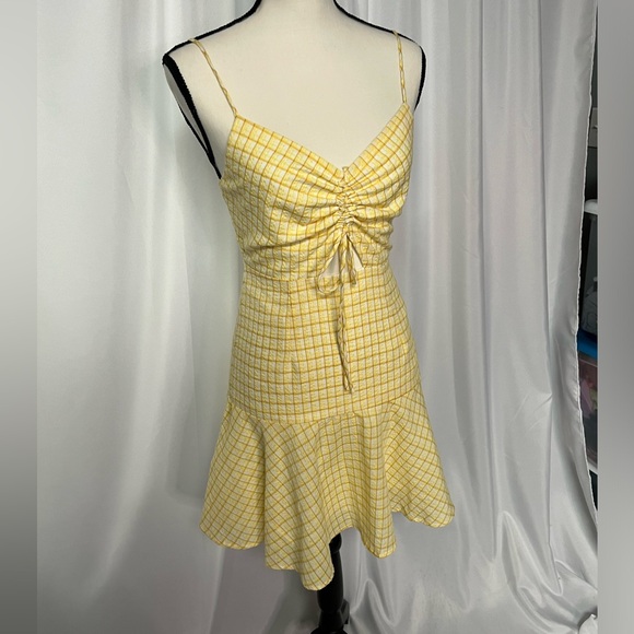 Lush Grid Print Sunny Yellow Mini Dress with Cutout Accent - size Small - Picture 4 of 10